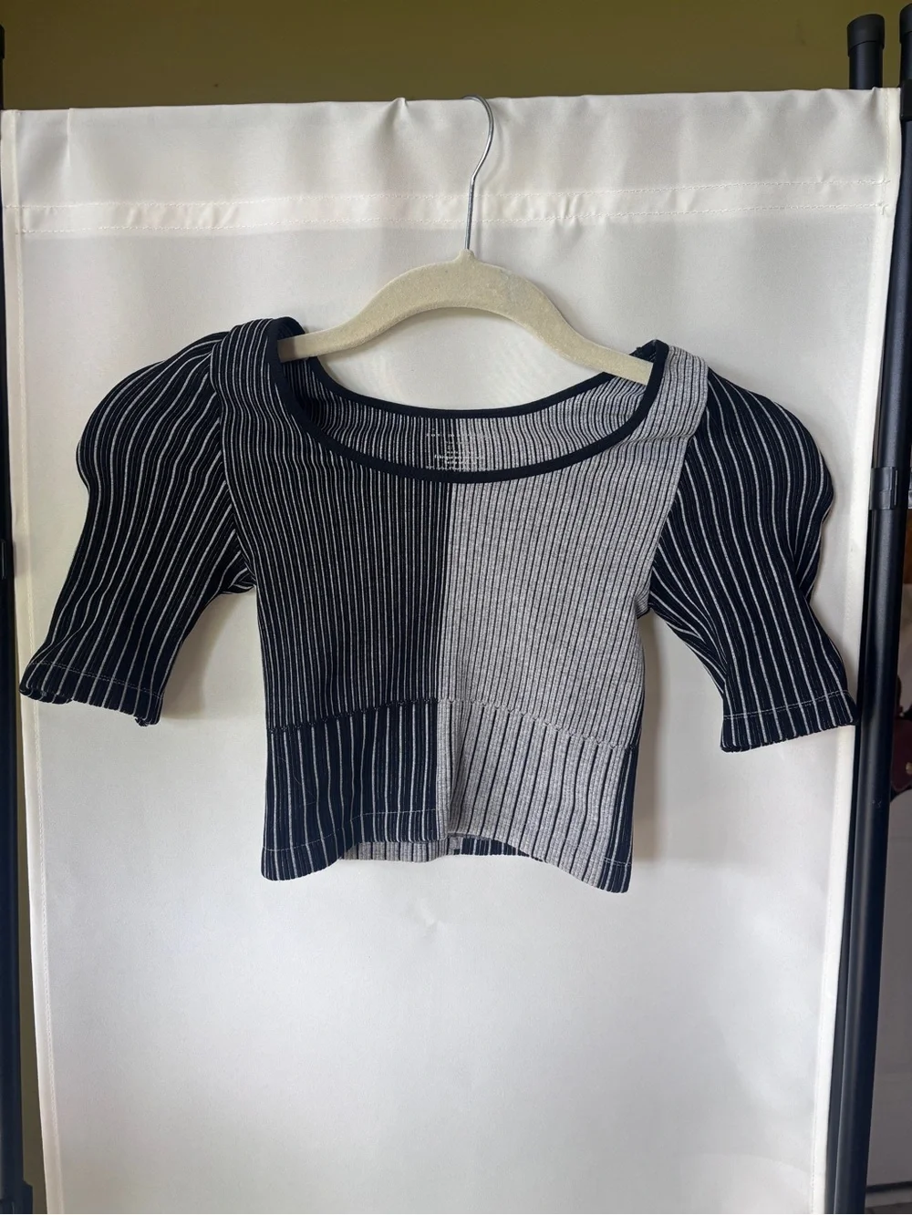 Free People Black & Gray Patchwork Ribbed Crop Top